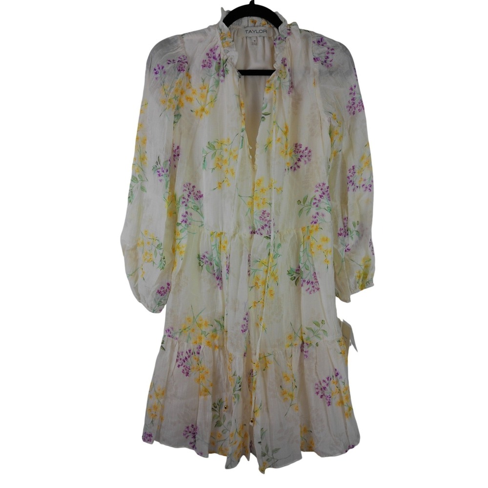 Taylor Floral Tiered Mini Dress Ivory Yellow Purple Long Sleeve Ruffle Neck Med